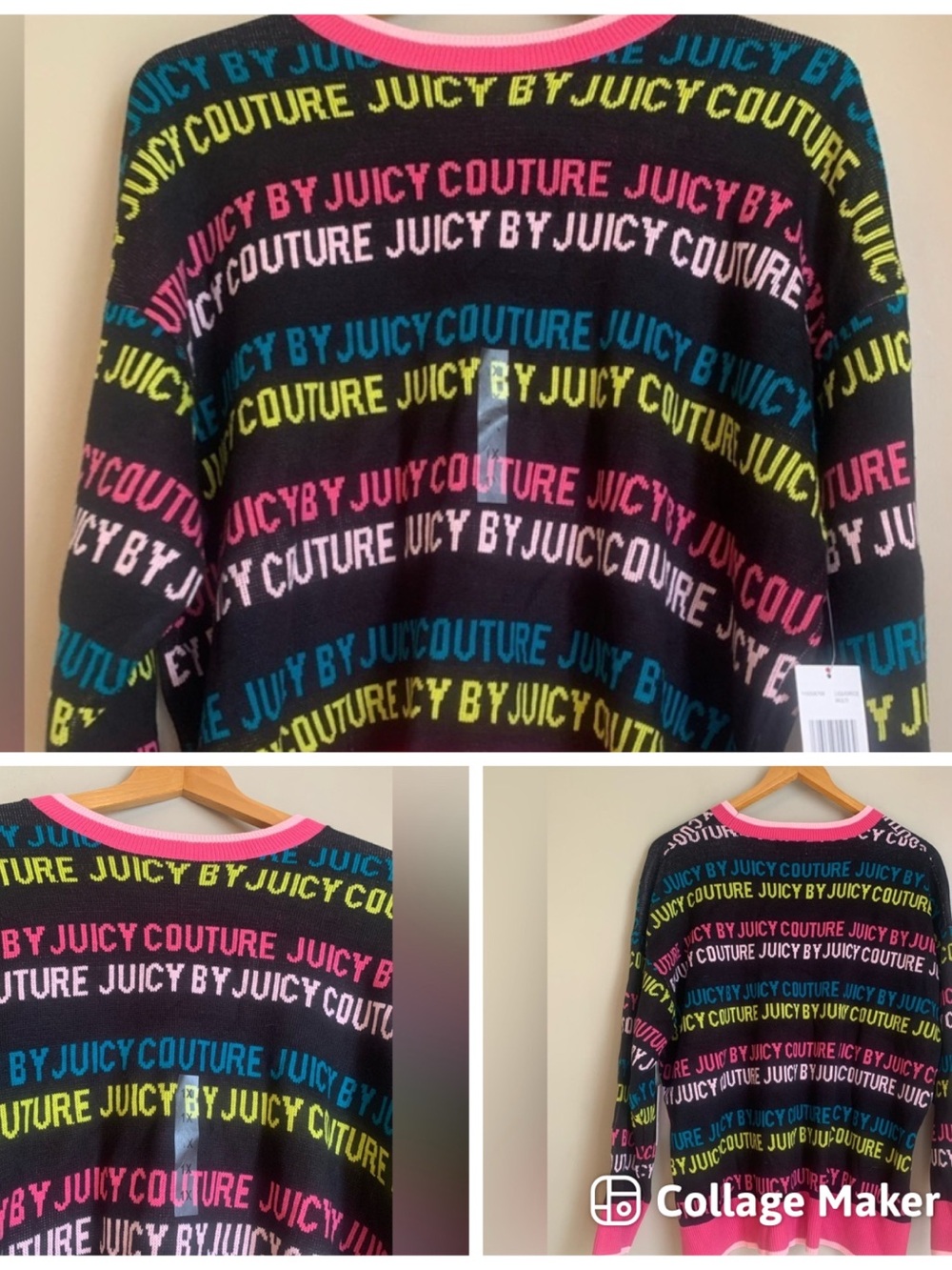 Juicy Couture Black Sweatshirt with Pink, Blue & Yellow Logo Stripes